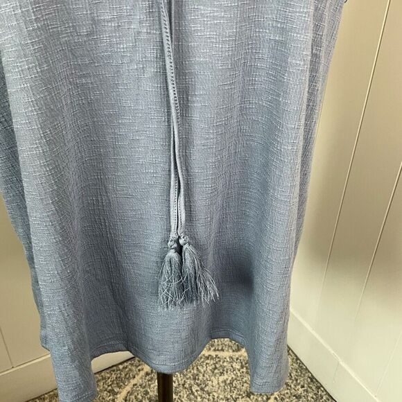 Fred David Womens Large Pullover Tie Neck Top Blue Tassels Textured Short Sleeve - Picture 3 of 13